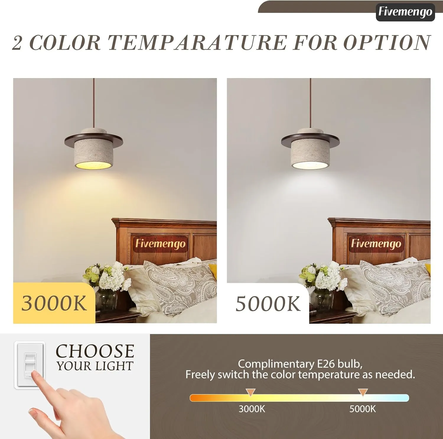 1 Pack Wabi Sabi Pendant Light 7.9in Small Japandi Natural Travertine Stone & Wood Lampshade, Nordic Pendant Lighting Fixture for Kitchen Island Dining Room Bedroom Cafe (Bulb Included)