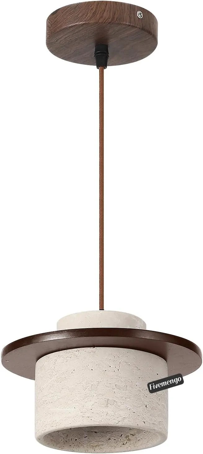 1 Pack Wabi Sabi Pendant Light 7.9in Small Japandi Natural Travertine Stone & Wood Lampshade, Nordic Pendant Lighting Fixture for Kitchen Island Dining Room Bedroom Cafe (Bulb Included)