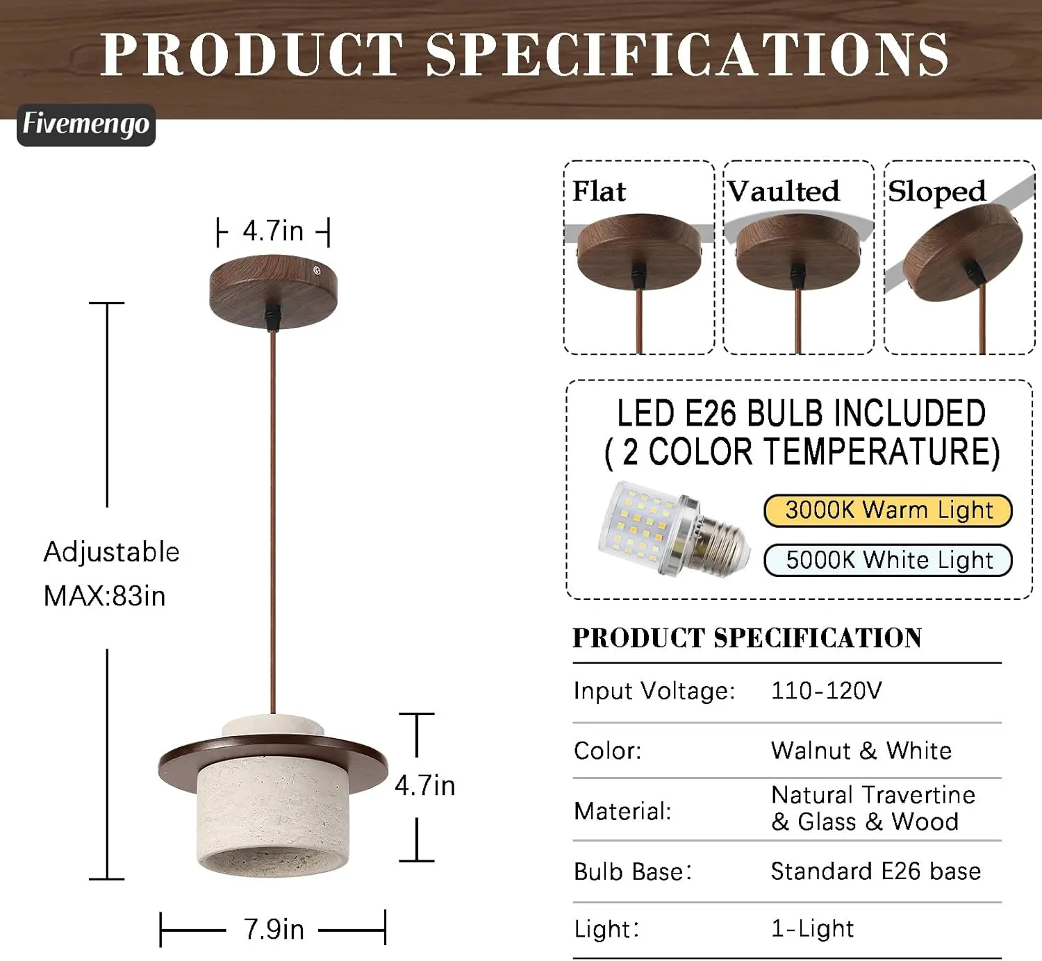 1 Pack Wabi Sabi Pendant Light 7.9in Small Japandi Natural Travertine Stone & Wood Lampshade, Nordic Pendant Lighting Fixture for Kitchen Island Dining Room Bedroom Cafe (Bulb Included)