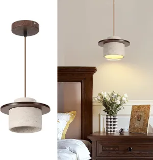 1 Pack Wabi Sabi Pendant Light 7.9in Small Japandi Natural Travertine Stone & Wood Lampshade, Nordic Pendant Lighting Fixture for Kitchen Island Dining Room Bedroom Cafe (Bulb Included)