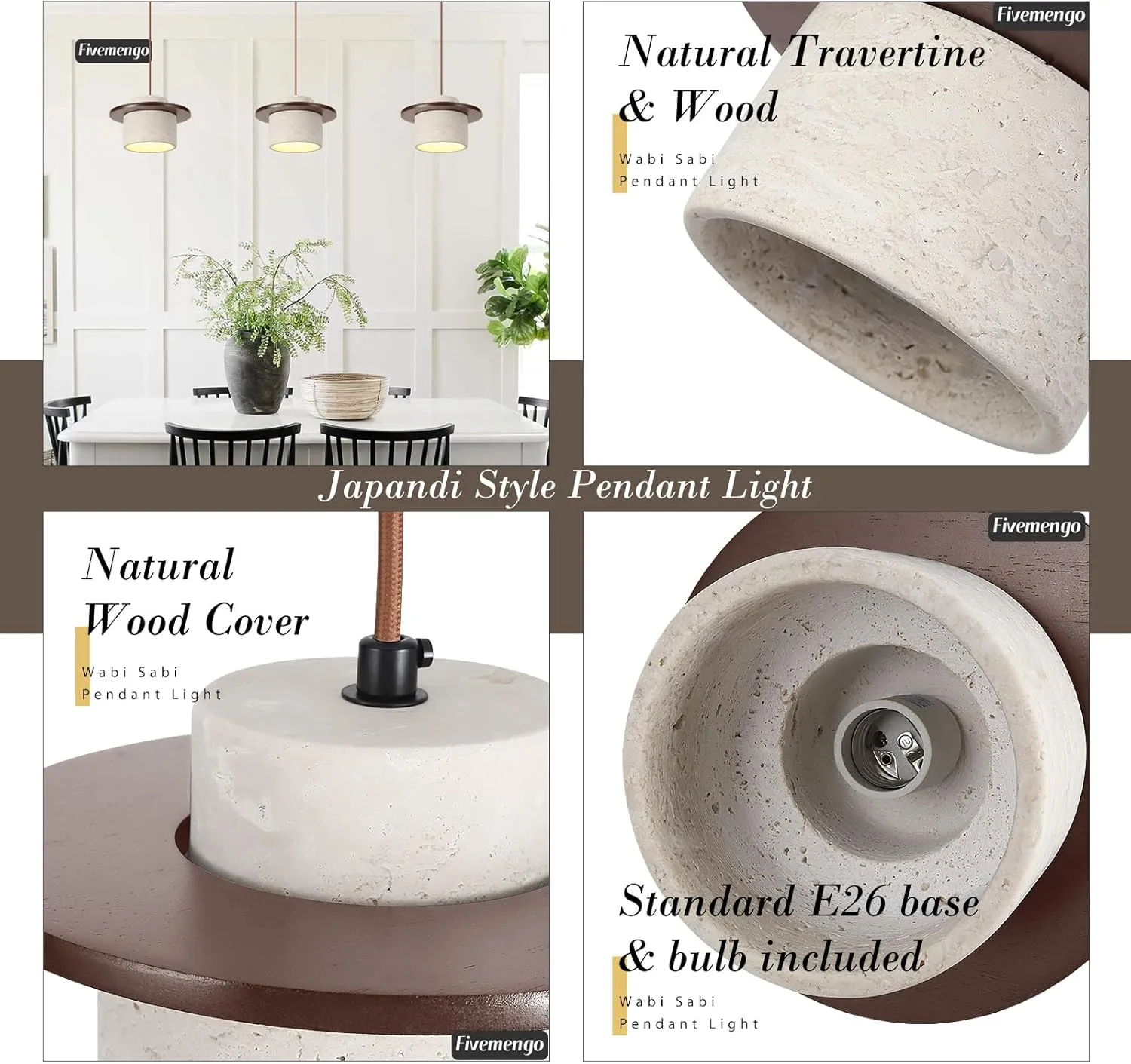 1 Pack Wabi Sabi Pendant Light 7.9in Small Japandi Natural Travertine Stone & Wood Lampshade, Nordic Pendant Lighting Fixture for Kitchen Island Dining Room Bedroom Cafe (Bulb Included)