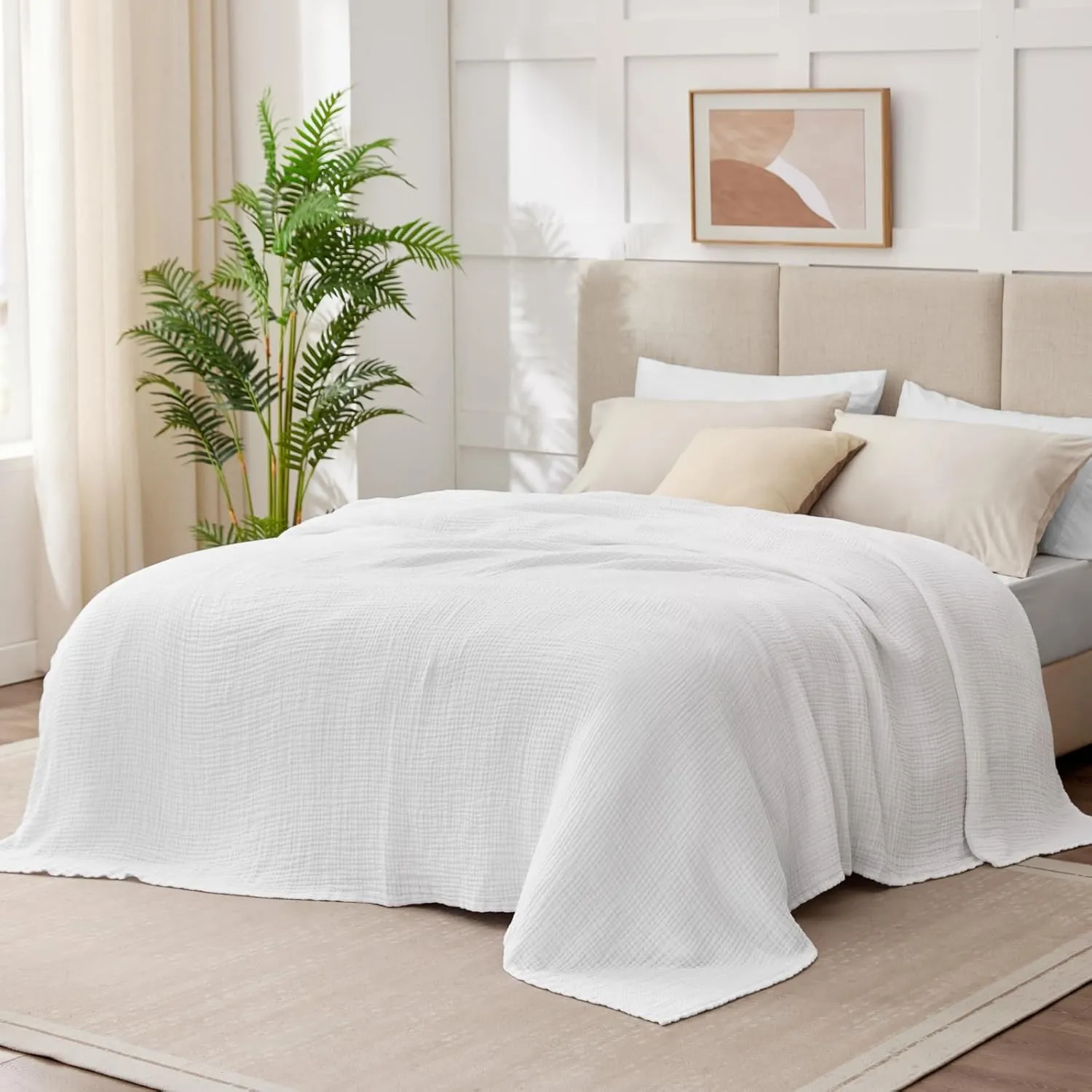 100% Cotton Muslin Blanket Large 50" x 70", 6 Layers Breathable and Lightweight Cotton Blankets for Couch, Quilt Bedspread, Gauze Throw for Adults, White