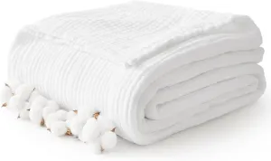 100% Cotton Muslin Blanket Large 50" x 70", 6 Layers Breathable and Lightweight Cotton Blankets for Couch, Quilt Bedspread, Gauze Throw for Adults, White