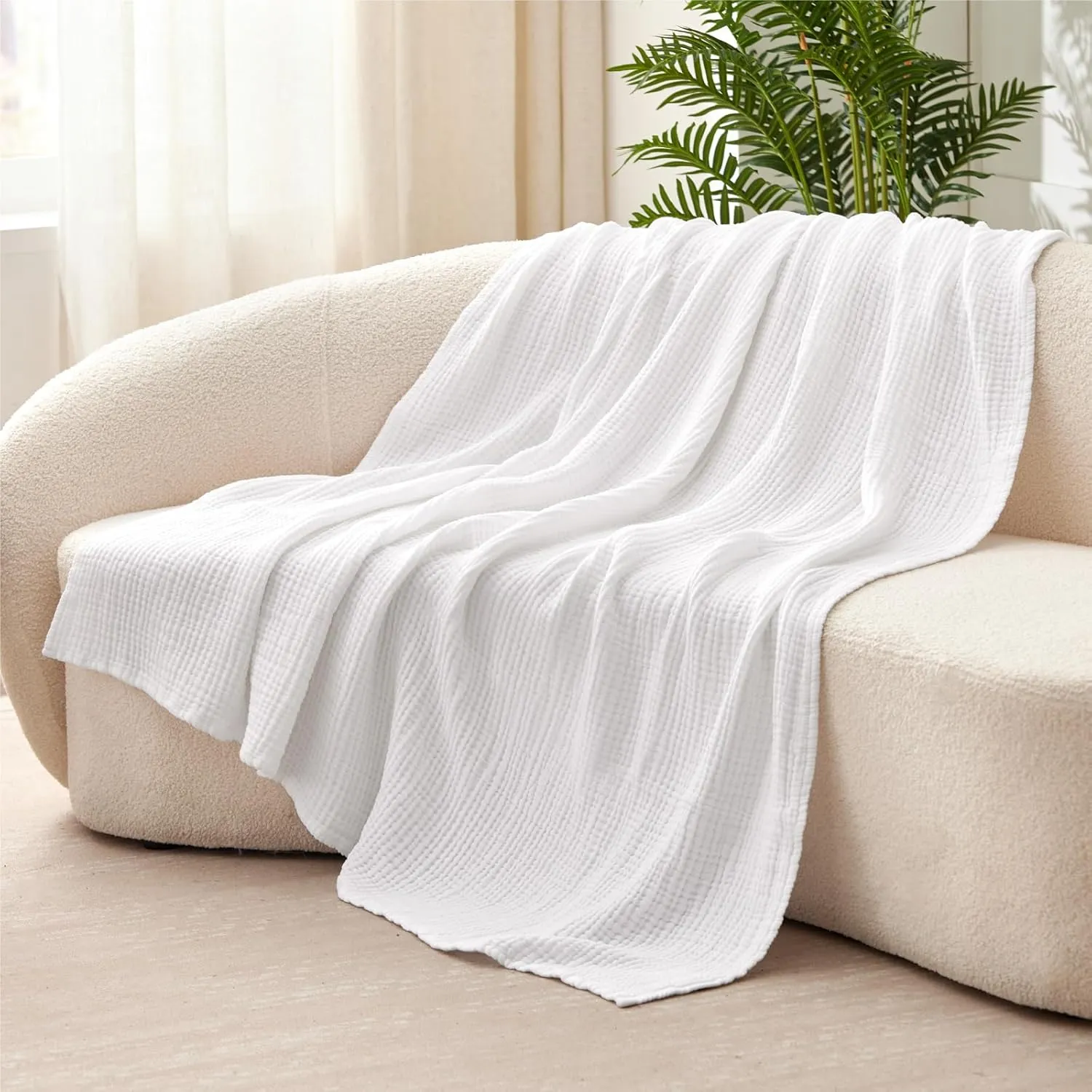 100% Cotton Muslin Blanket Large 50" x 70", 6 Layers Breathable and Lightweight Cotton Blankets for Couch, Quilt Bedspread, Gauze Throw for Adults, White