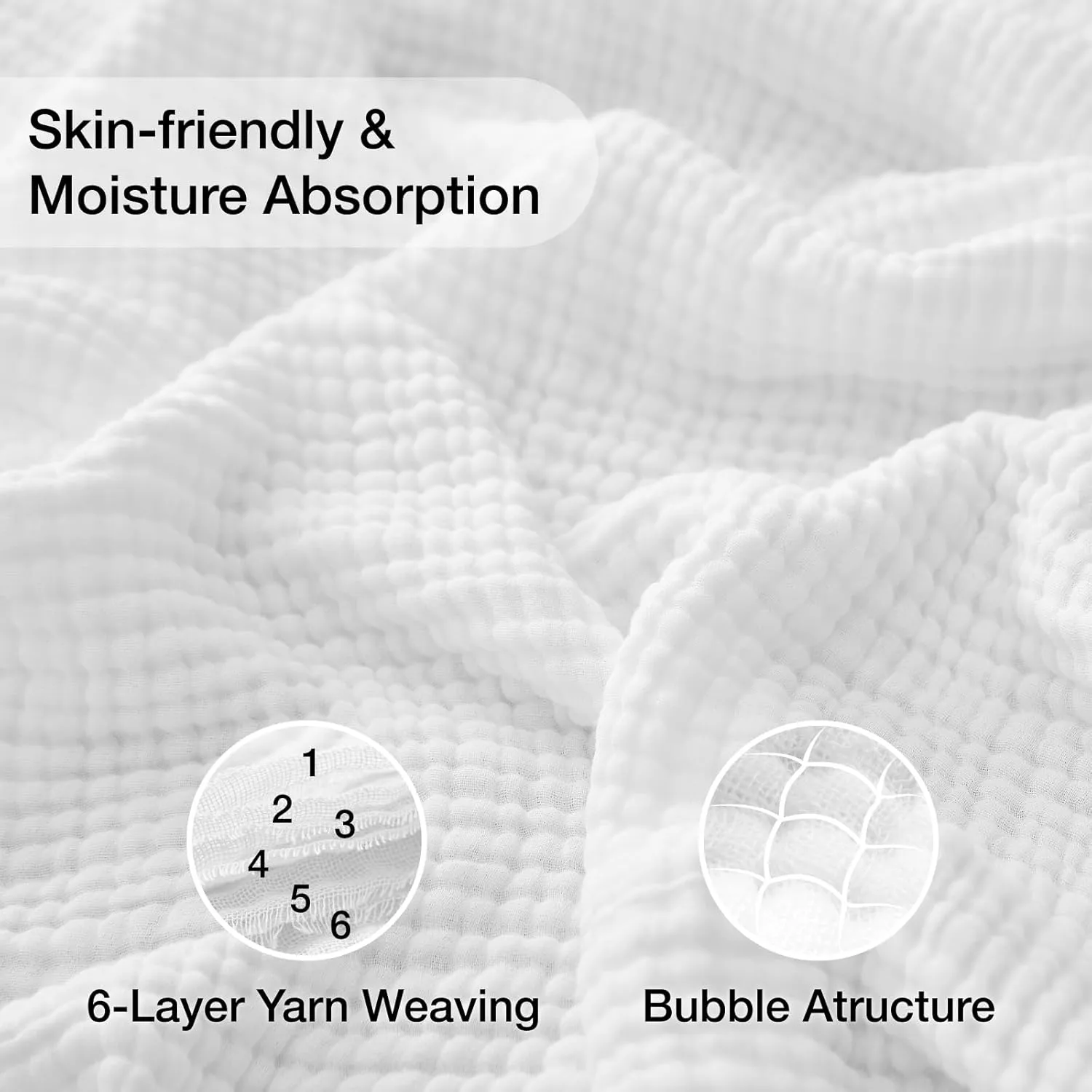 100% Cotton Muslin Blanket Large 50" x 70", 6 Layers Breathable and Lightweight Cotton Blankets for Couch, Quilt Bedspread, Gauze Throw for Adults, White