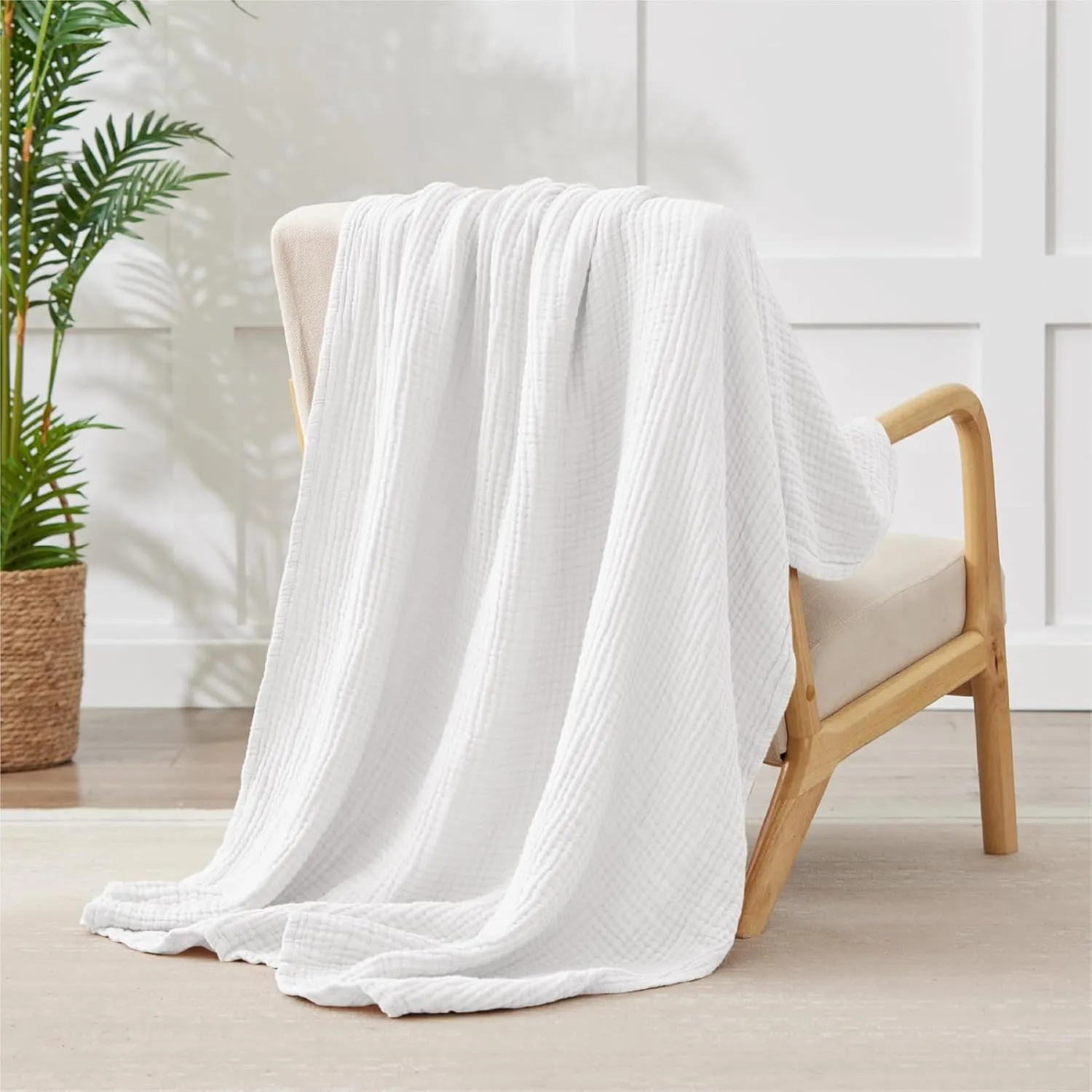 100% Cotton Muslin Blanket Large 50" x 70", 6 Layers Breathable and Lightweight Cotton Blankets for Couch, Quilt Bedspread, Gauze Throw for Adults, White