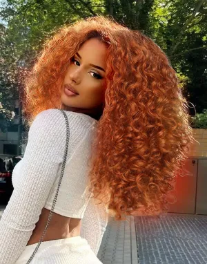 16inch HD Pre Plucked Ginger Curly Lace Front Wig Human Hair Blend Synthetic Ginger Orange Short Curly Lace Front Wigs for Black Women