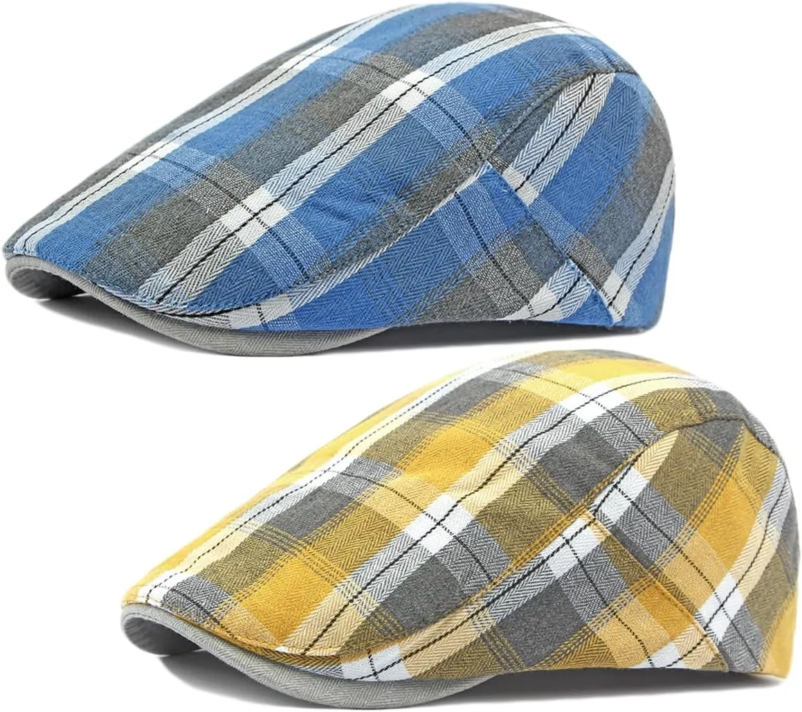 2 Pack Men's Newsboy Flat Cap Adjustable Plaid Ivy Gatsby Cabbie Driving Golf Hat Beret