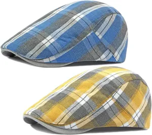2 Pack Men's Newsboy Flat Cap Adjustable Plaid Ivy Gatsby Cabbie Driving Golf Hat Beret