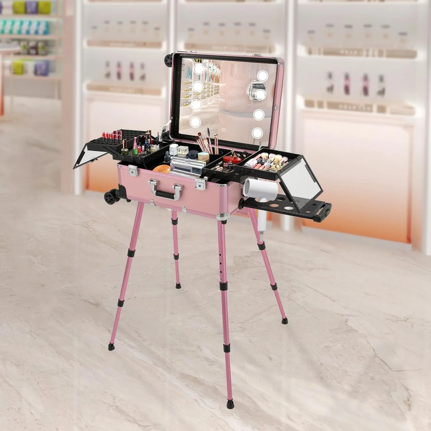 21'' Rolling Makeup Case, Cosmetic Organizer Case on Wheels with LED Light Professional Makeup Suitcase 3 Color Light, Portable Rolling Makeup Station Black, Pink