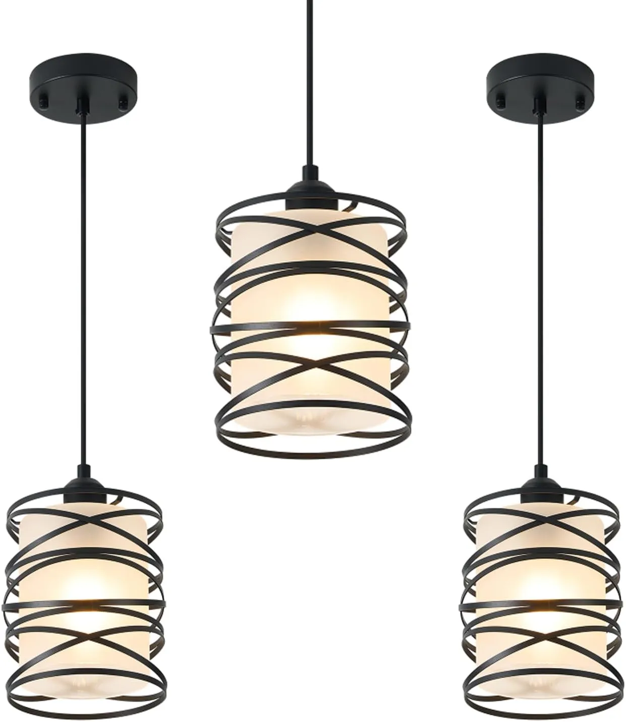 3 PACK Frosted Glass Pendant Light Fixtures 6.3Inch Spiral Metal Cage Mini Pendant Lighting Handblown Kitchen Island Hanging Light Adjustable Cord Pendant Lamp for Dining Room Foyer Hallway, E26