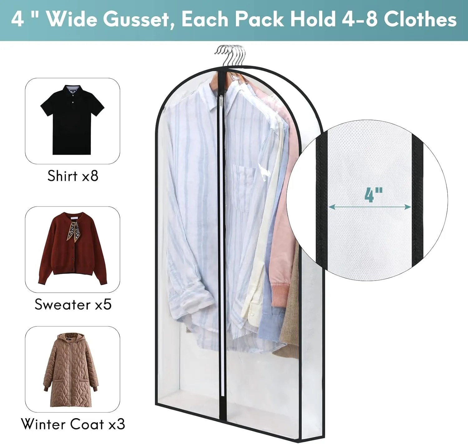 40'' Clear Garment Bags for Hanging Clothes, 4" Gusseted Garment Covers, Suit Bags for Closet Storage with Zipper for Coats, Jackets, Shirts（4 Packs）
