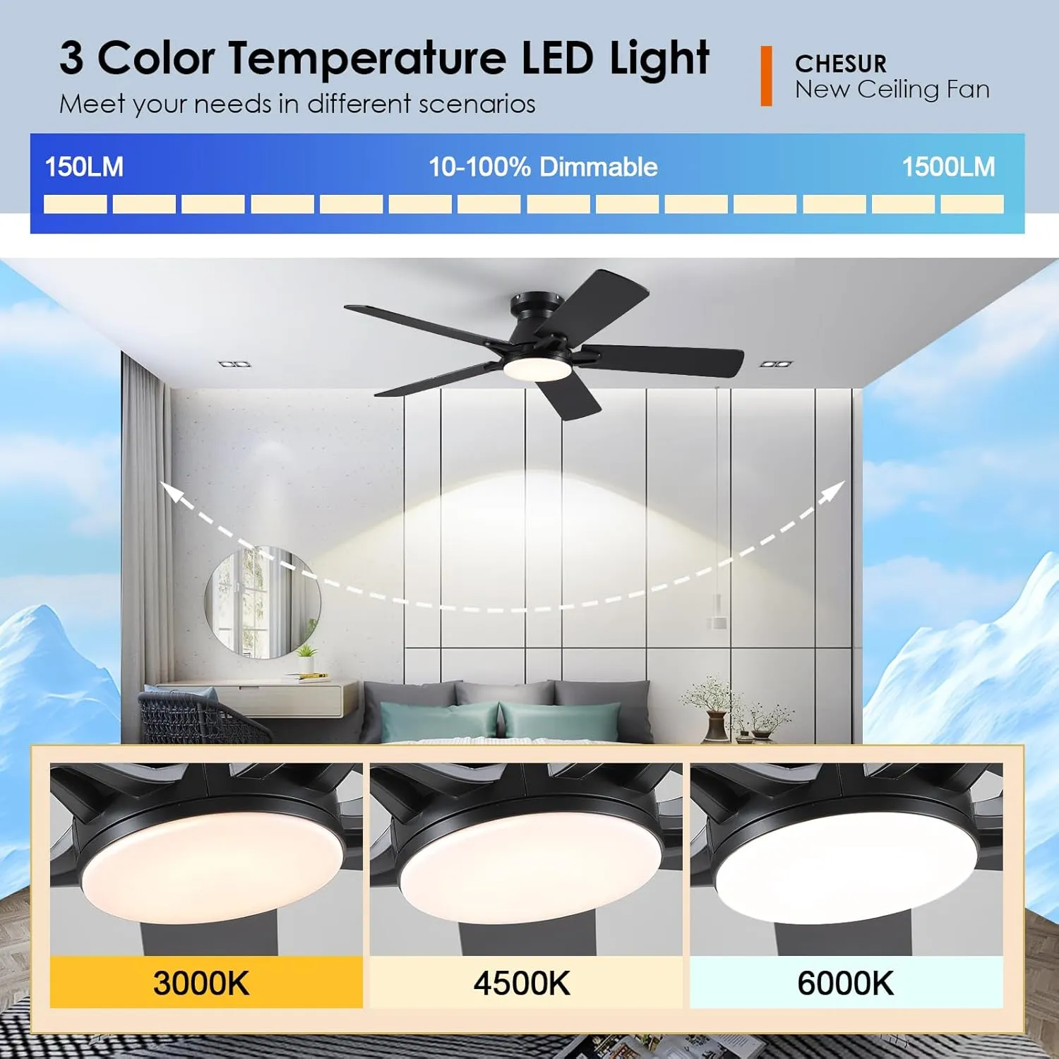 52 Inch Black Flush Mount Ceiling Fan with Dimmable LED Light, Remote/APP Control, Reversible DC Motor, Low Profile for Modern Indoor and Outdoor Patios