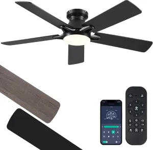 52 Inch Black Flush Mount Ceiling Fan with Dimmable LED Light, Remote/APP Control, Reversible DC Motor, Low Profile for Modern Indoor and Outdoor Patios