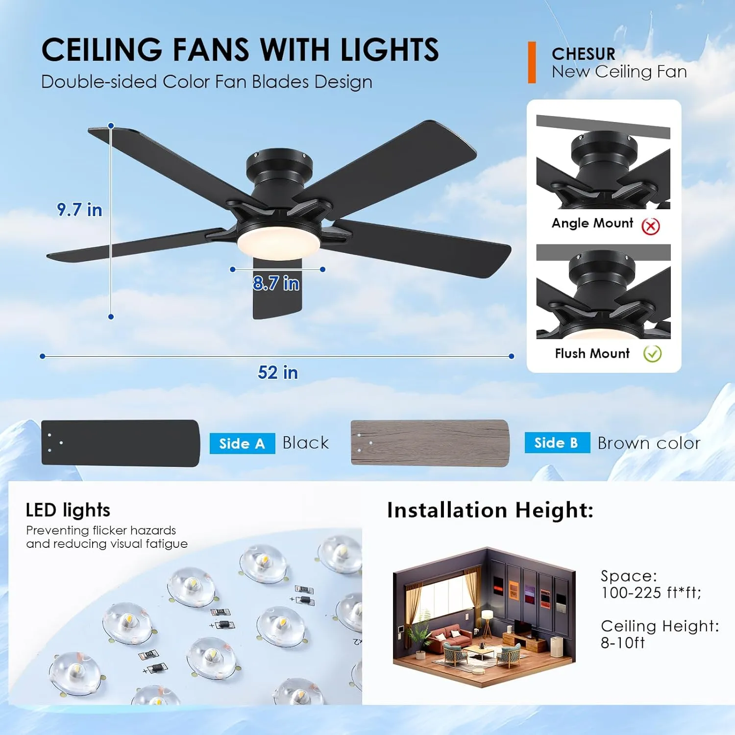 52 Inch Black Flush Mount Ceiling Fan with Dimmable LED Light, Remote/APP Control, Reversible DC Motor, Low Profile for Modern Indoor and Outdoor Patios