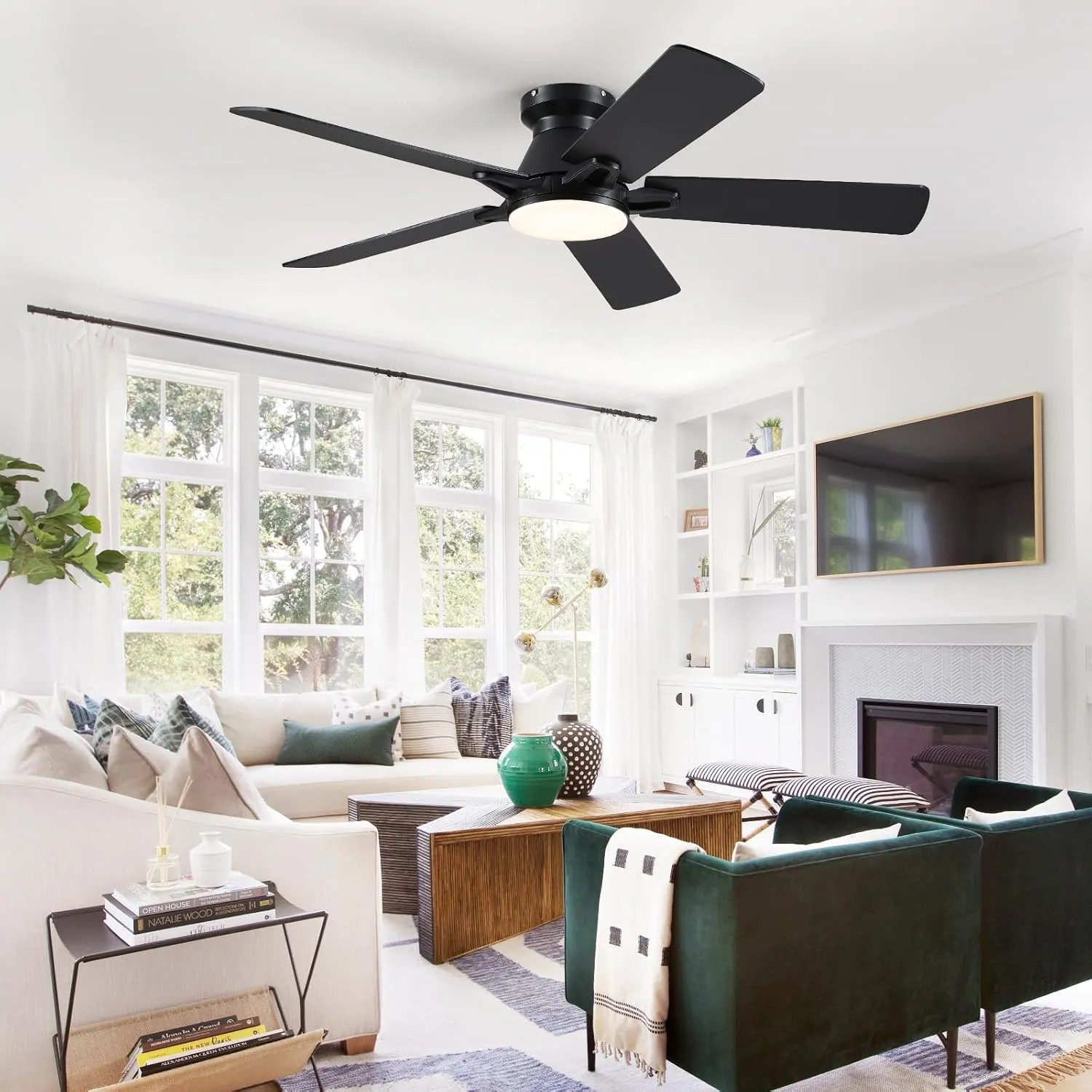 52 Inch Black Flush Mount Ceiling Fan with Dimmable LED Light, Remote/APP Control, Reversible DC Motor, Low Profile for Modern Indoor and Outdoor Patios