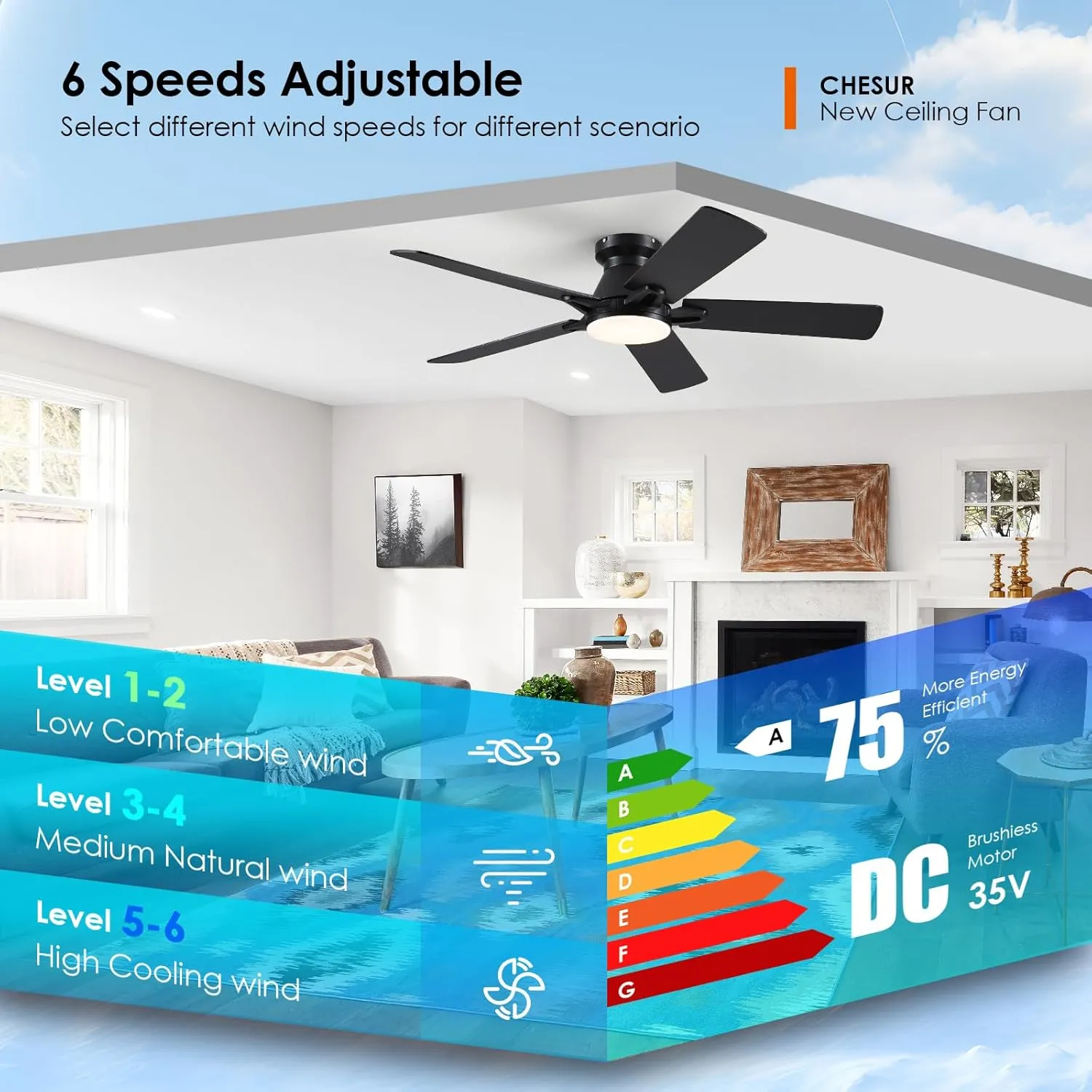 52 Inch Black Flush Mount Ceiling Fan with Dimmable LED Light, Remote/APP Control, Reversible DC Motor, Low Profile for Modern Indoor and Outdoor Patios