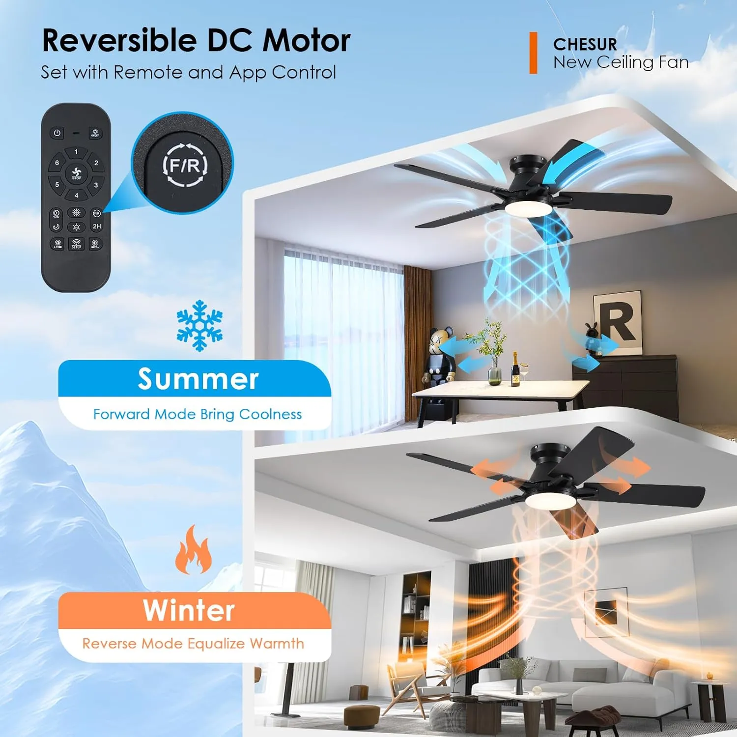 52 Inch Black Flush Mount Ceiling Fan with Dimmable LED Light, Remote/APP Control, Reversible DC Motor, Low Profile for Modern Indoor and Outdoor Patios