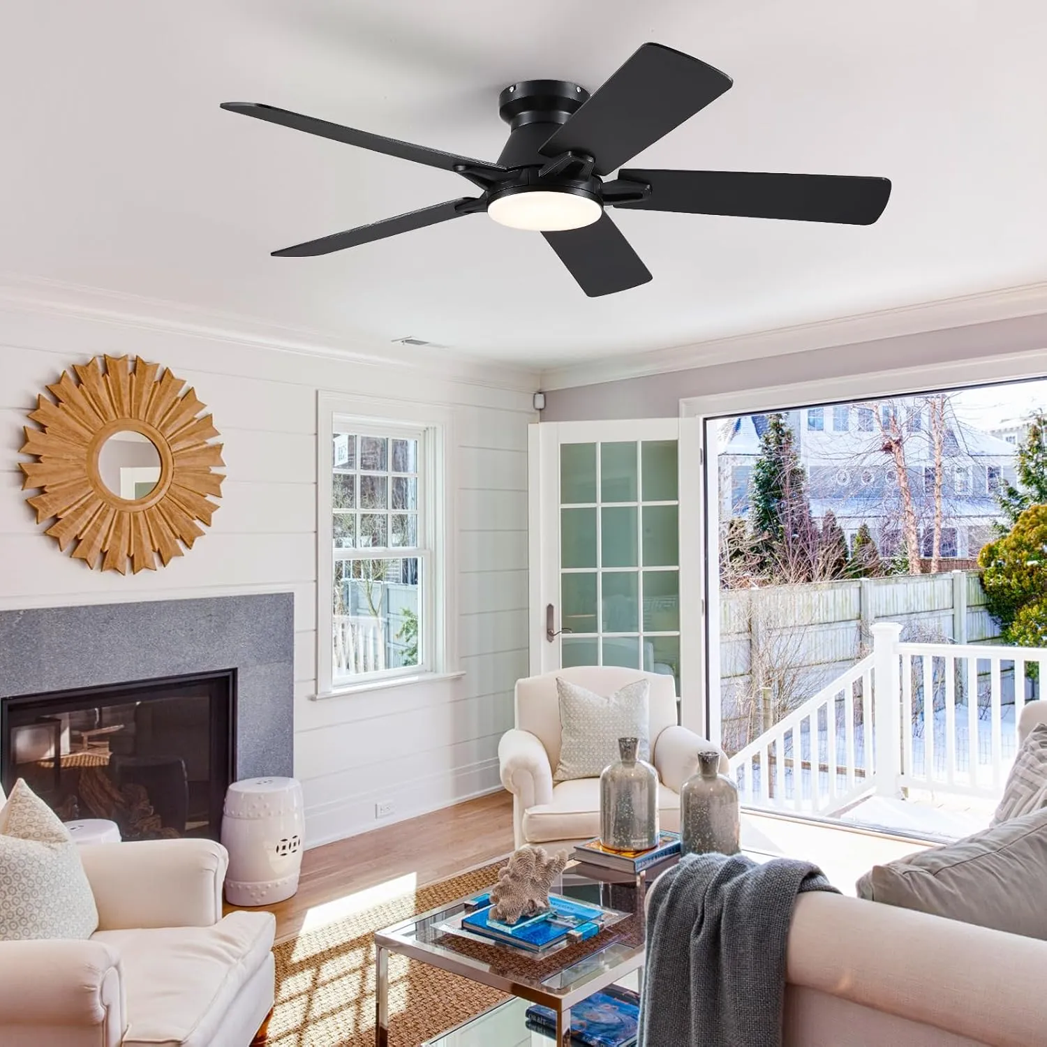 52 Inch Black Flush Mount Ceiling Fan with Dimmable LED Light, Remote/APP Control, Reversible DC Motor, Low Profile for Modern Indoor and Outdoor Patios