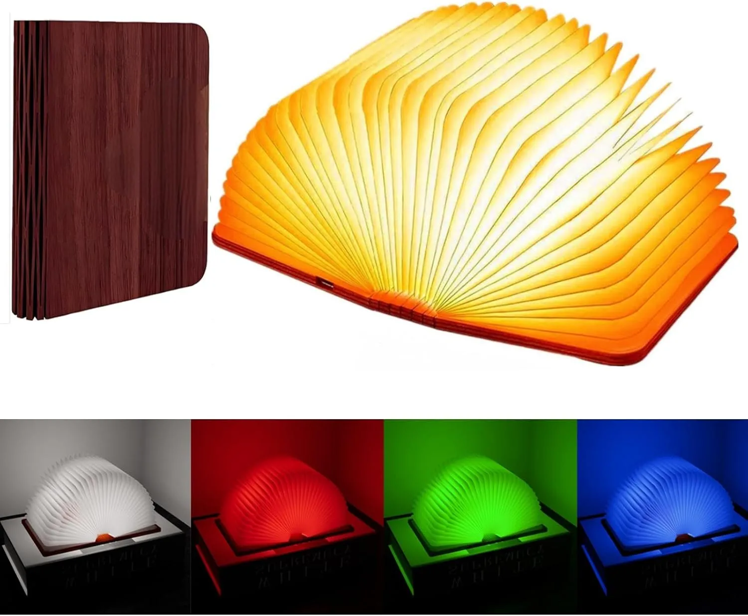 5.7Inch Wooden Book Lamp, 6 Colors Folding Book Light, USB Rechargeable, 360° Shaped Light, Novelty Reading Accessories, Book Themed Gifts