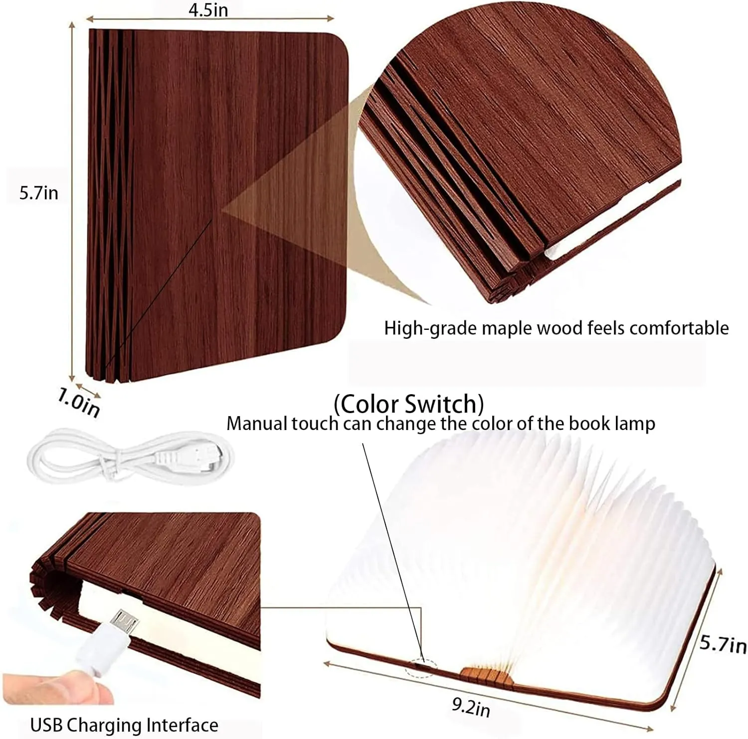 5.7Inch Wooden Book Lamp, 6 Colors Folding Book Light, USB Rechargeable, 360° Shaped Light, Novelty Reading Accessories, Book Themed Gifts