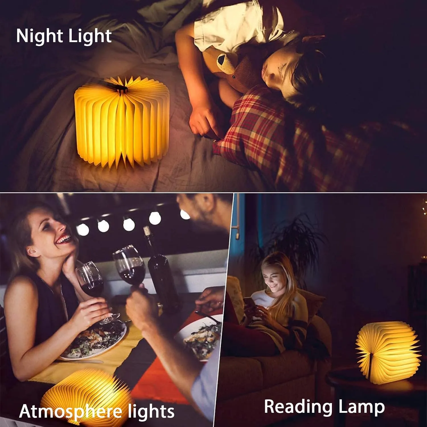 5.7Inch Wooden Book Lamp, 6 Colors Folding Book Light, USB Rechargeable, 360° Shaped Light, Novelty Reading Accessories, Book Themed Gifts