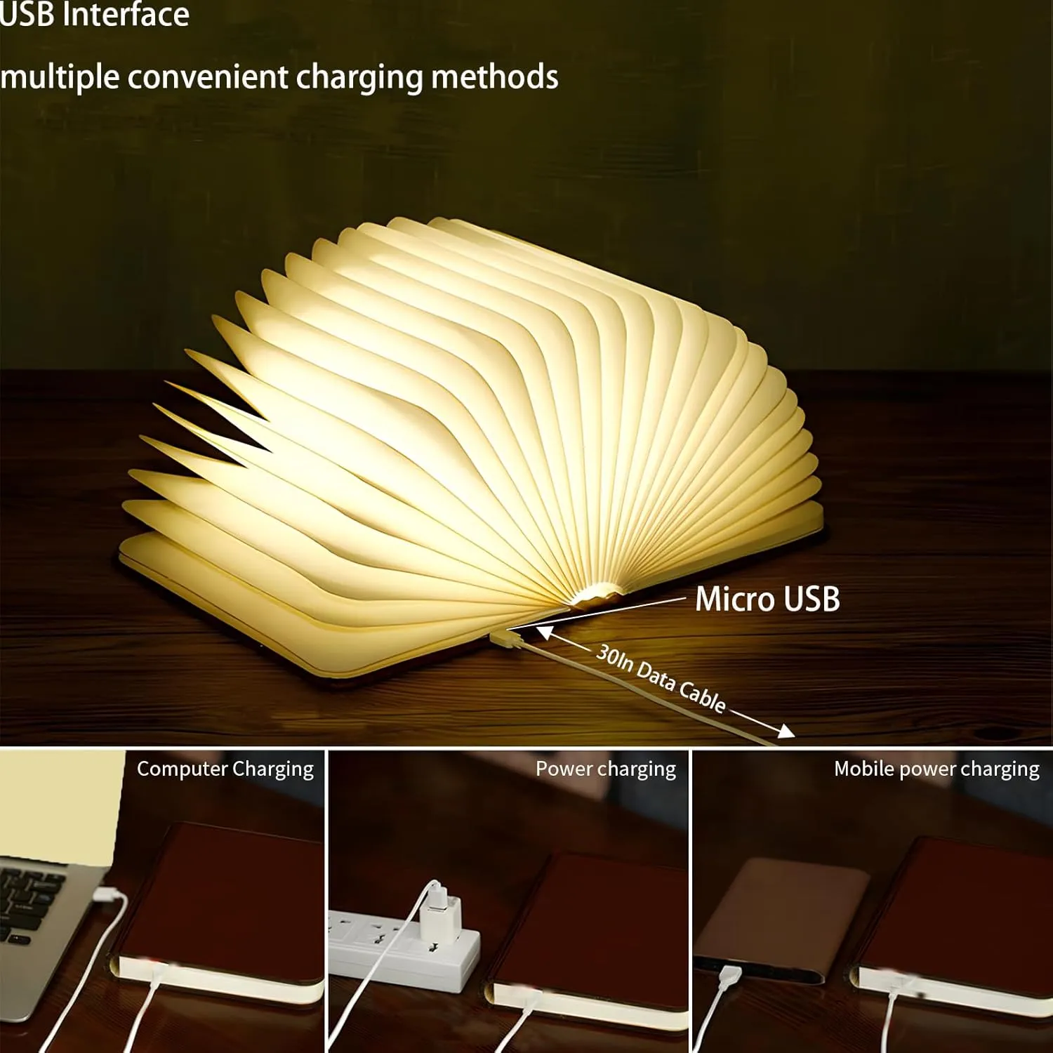 5.7Inch Wooden Book Lamp, 6 Colors Folding Book Light, USB Rechargeable, 360° Shaped Light, Novelty Reading Accessories, Book Themed Gifts