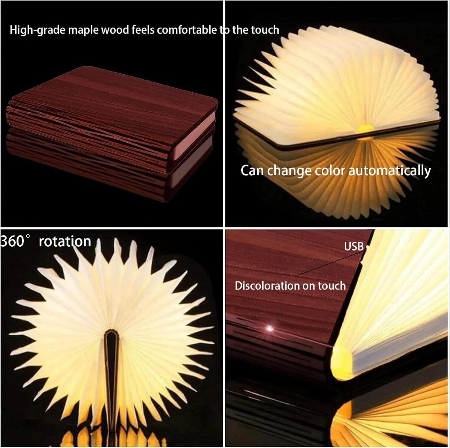 5.7Inch Wooden Book Lamp, 6 Colors Folding Book Light, USB Rechargeable, 360° Shaped Light, Novelty Reading Accessories, Book Themed Gifts