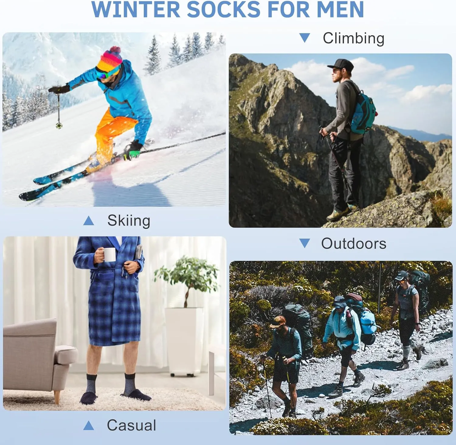 6 Pairs Men's Merino Wool Crew Socks - Thermal Winter Warm Breathable Cozy Cold Weather Hiking Socks for Men