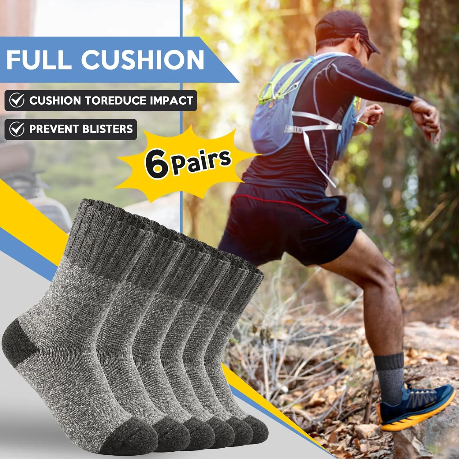 6 Pairs Men's Merino Wool Crew Socks - Thermal Winter Warm Breathable Cozy Cold Weather Hiking Socks for Men
