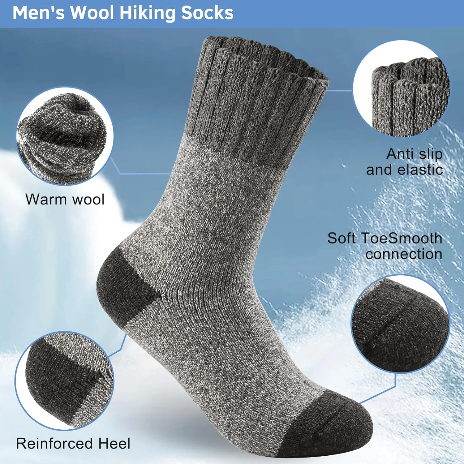 6 Pairs Men's Merino Wool Crew Socks - Thermal Winter Warm Breathable Cozy Cold Weather Hiking Socks for Men