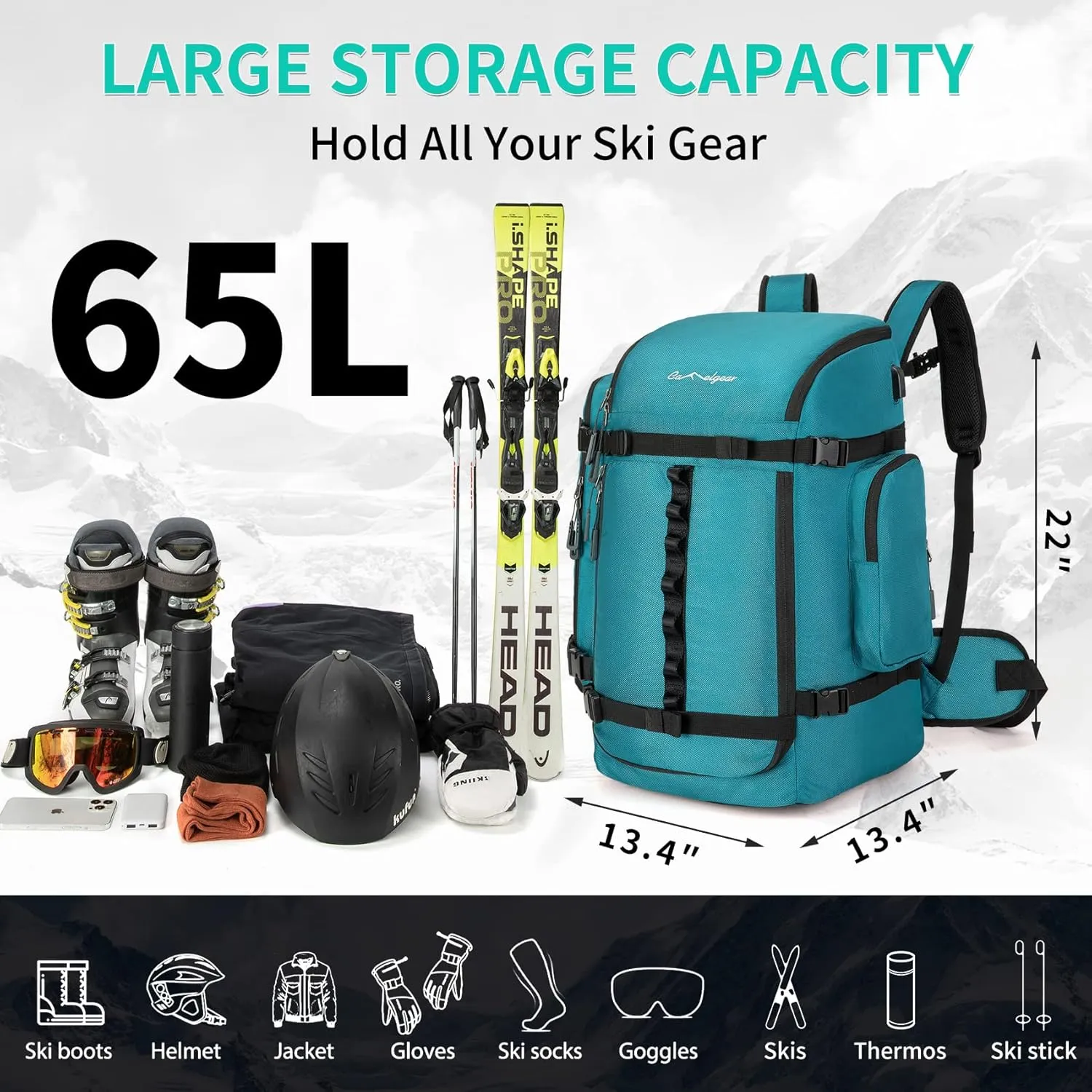65L Ski Boot Bag,Large Duffle Travel Bag,1680D Nylon Waterproof Padded Ski Boot Bag Backpack For Women Men Kids