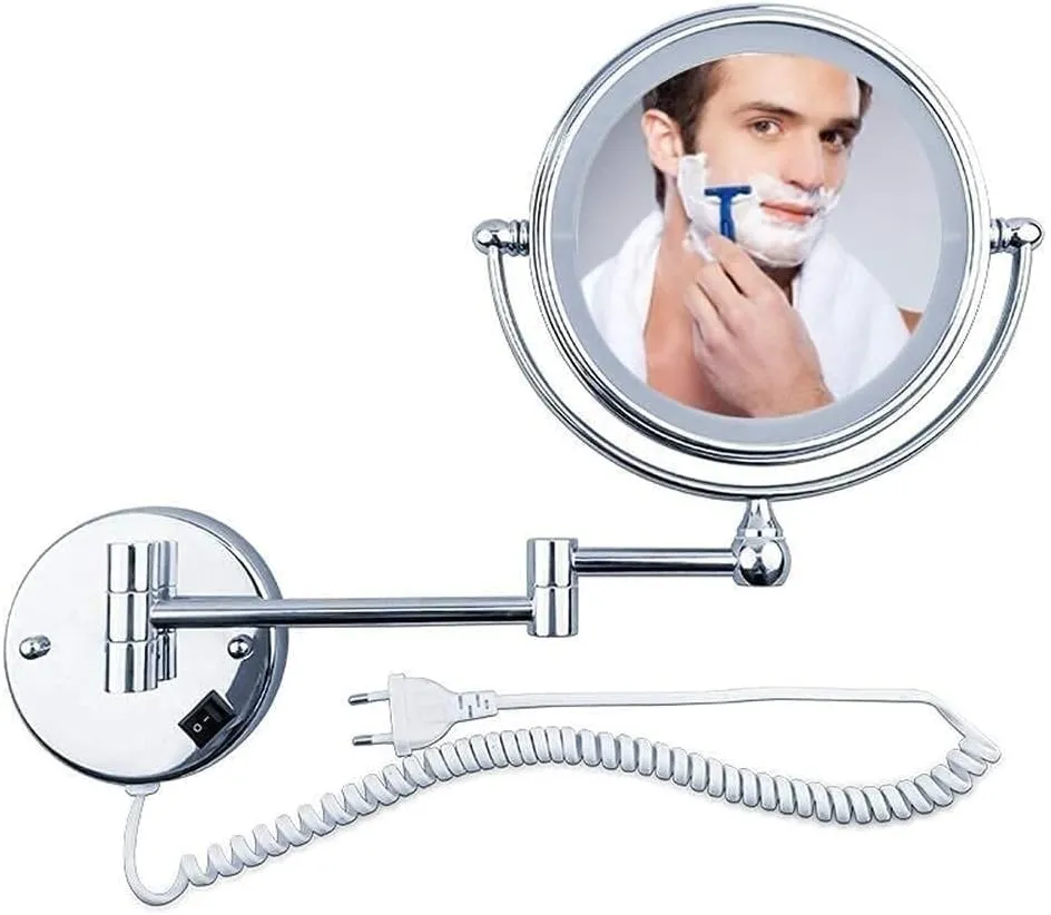 8.5" Wall Mounted Makeup Mirror with LED Light, Double-Sided 3X/5X/7X/10X Magnification, 360° Swivel, Extendable