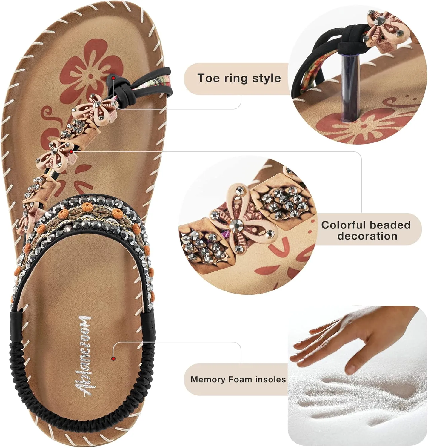 Ablanczoom Womens Sandals Flats Shoes: Comfortable Bohemian Beaded Dressy Summer Flat Casual Ankle Strap Elastic Slip on Beach Sandal