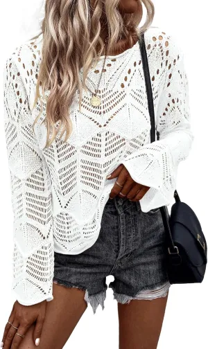 Allimy Womens Long Sleeve Hollow Out Crochet Crewneck Knitted Top Blouses Cover Up