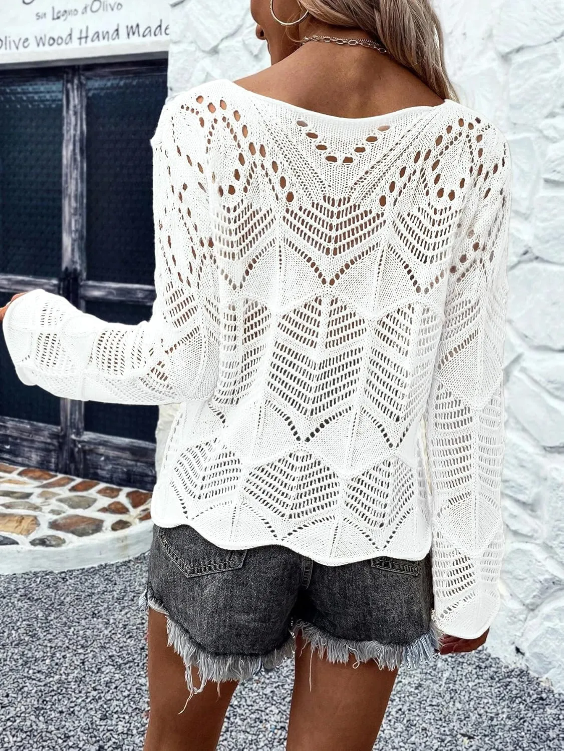 Allimy Womens Long Sleeve Hollow Out Crochet Crewneck Knitted Top Blouses Cover Up