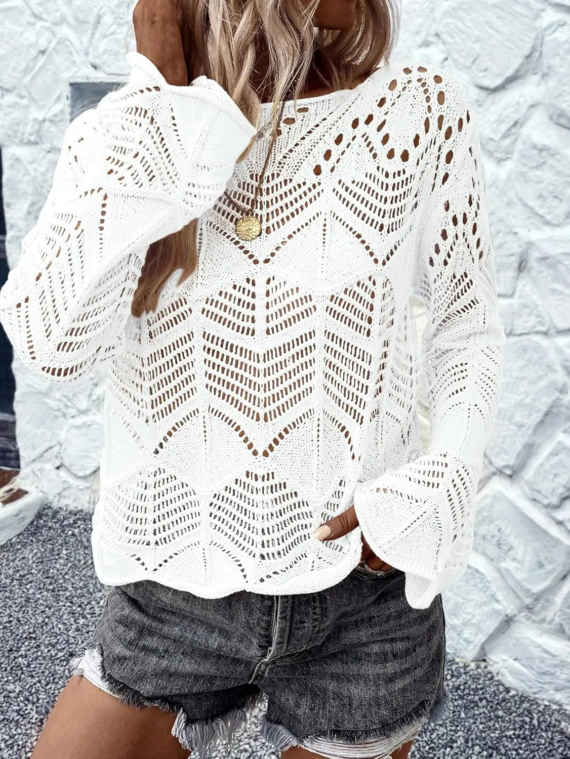 Allimy Womens Long Sleeve Hollow Out Crochet Crewneck Knitted Top Blouses Cover Up