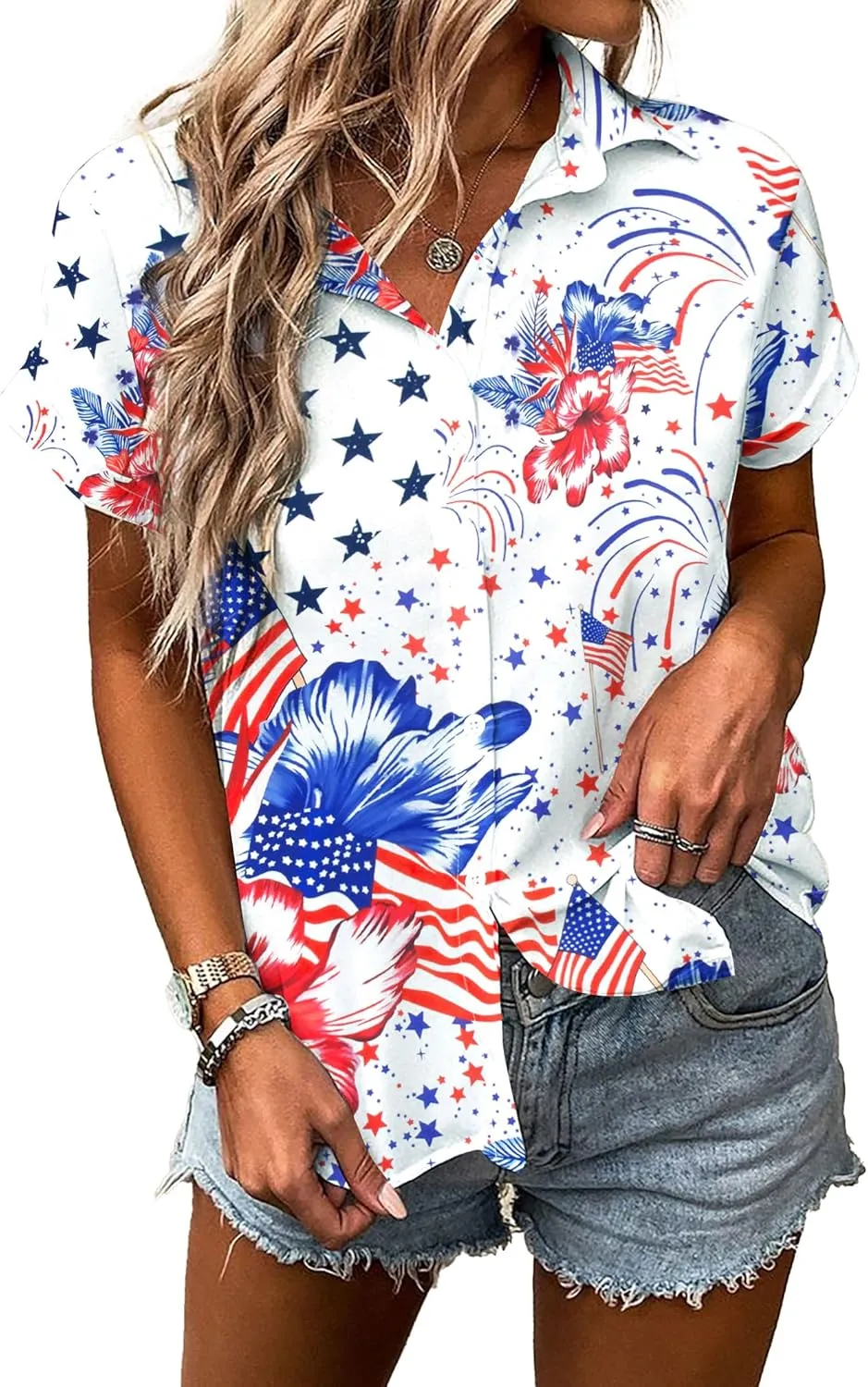 American Flag Shirt Patriotic T-Shirt: Women 4th of July Tops USA Red White Blue Tee Memorial Day Button Down Shirts