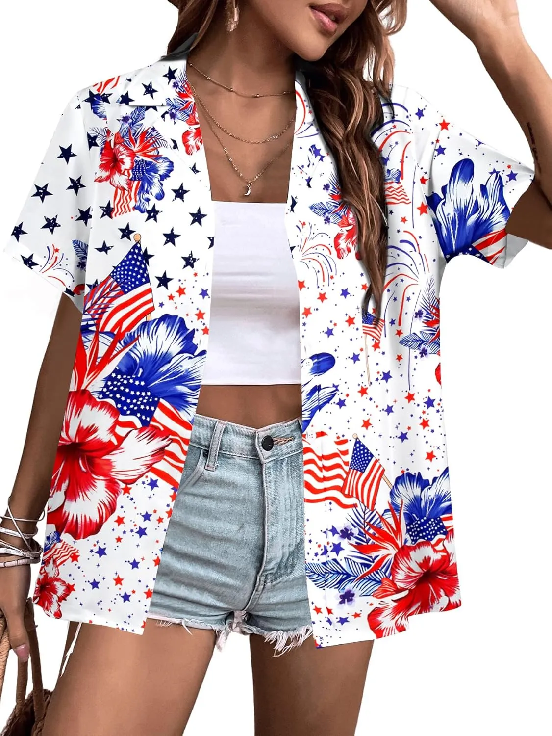 American Flag Shirt Patriotic T-Shirt: Women 4th of July Tops USA Red White Blue Tee Memorial Day Button Down Shirts
