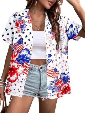 American Flag Shirt Patriotic T-Shirt: Women 4th of July Tops USA Red White Blue Tee Memorial Day Button Down Shirts