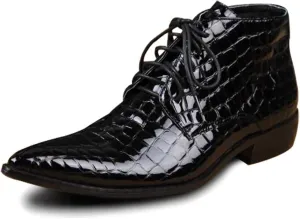 Ankle Boot for Men High Top Boot Lace Up StyleGenuine Leather Patent Leather Crocodile Texture Middle Heel