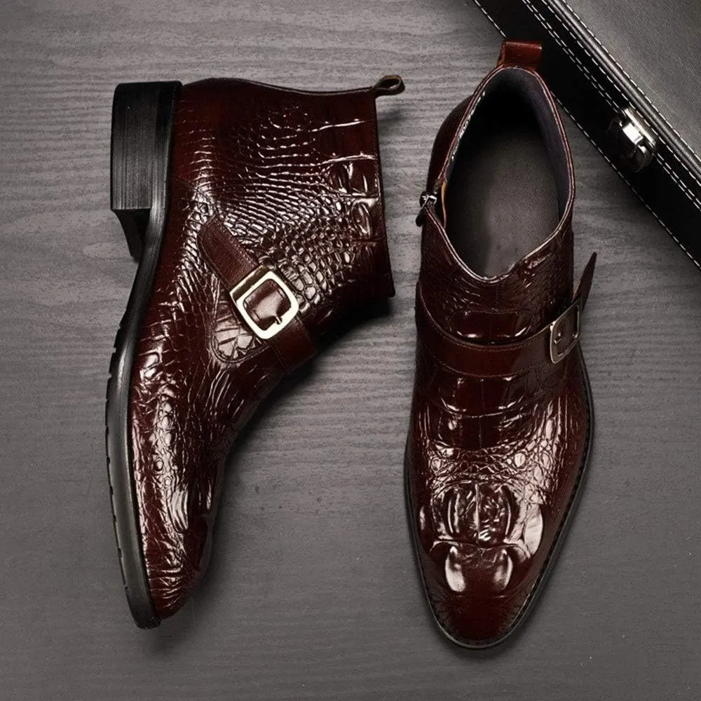 Ankle Boot for Men Work Boot Crocodile Embossed TextureGenuine Leather Pull On Monk Strap Round Toe Block Heel
