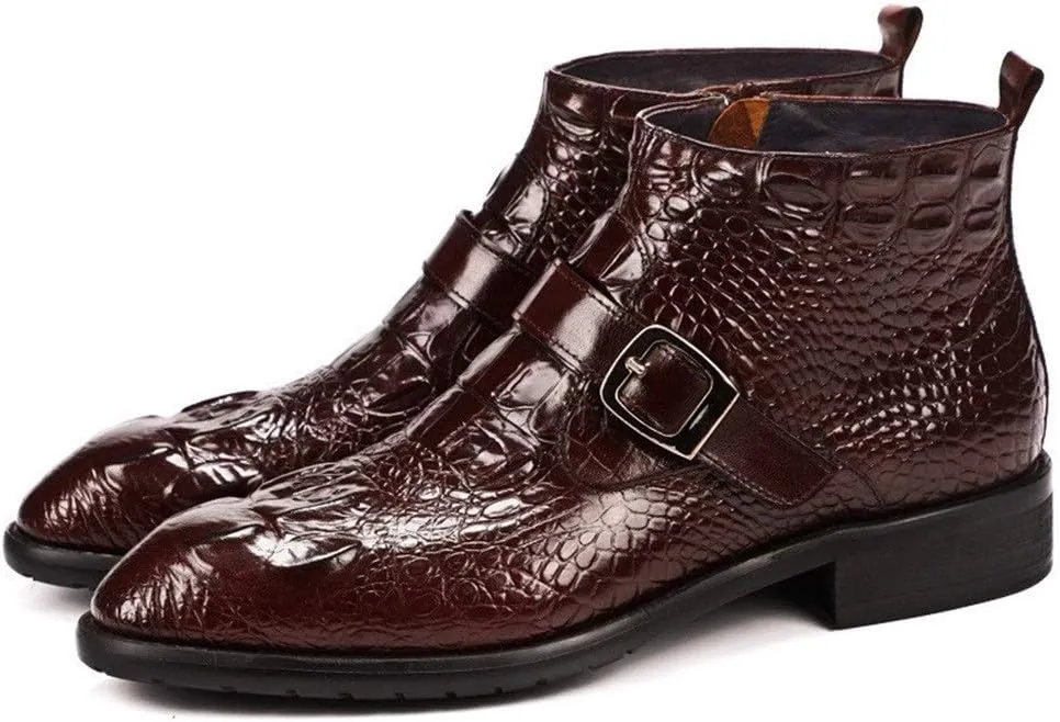 Ankle Boot for Men Work Boot Crocodile Embossed TextureGenuine Leather Pull On Monk Strap Round Toe Block Heel