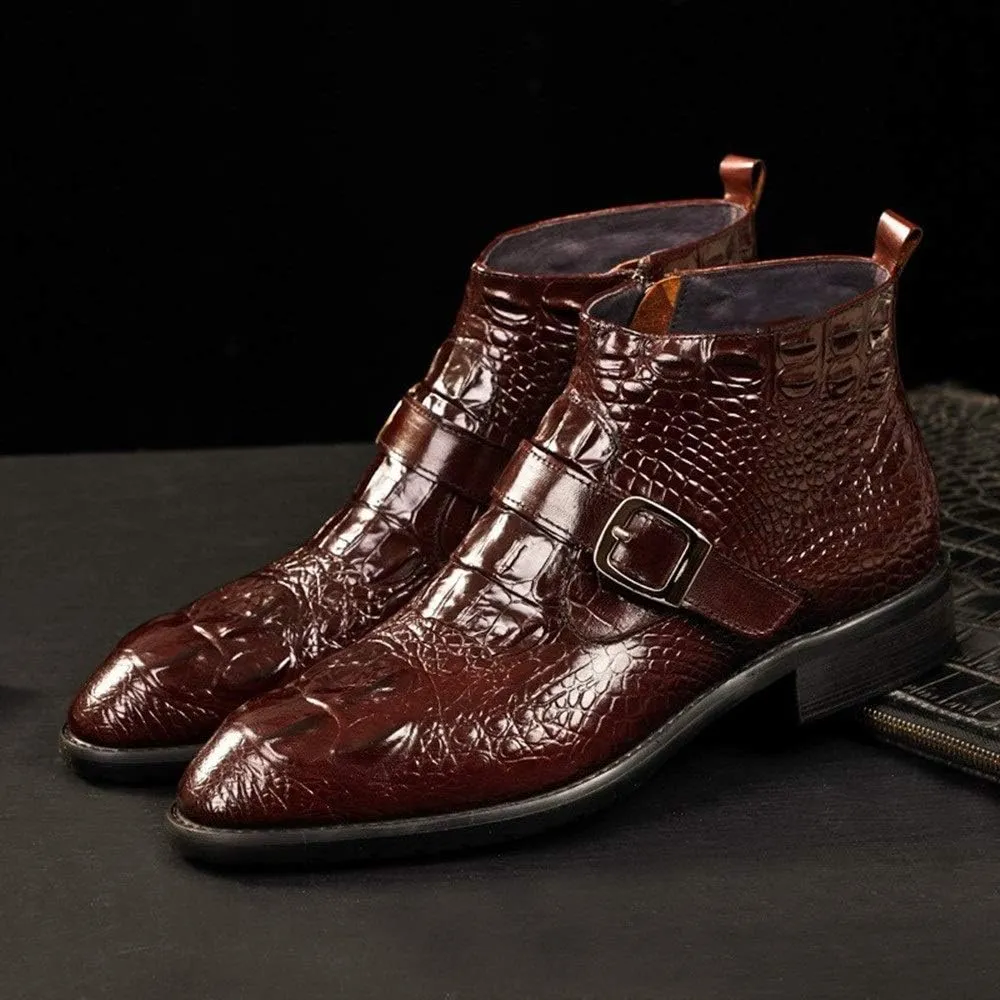 Ankle Boot for Men Work Boot Crocodile Embossed TextureGenuine Leather Pull On Monk Strap Round Toe Block Heel
