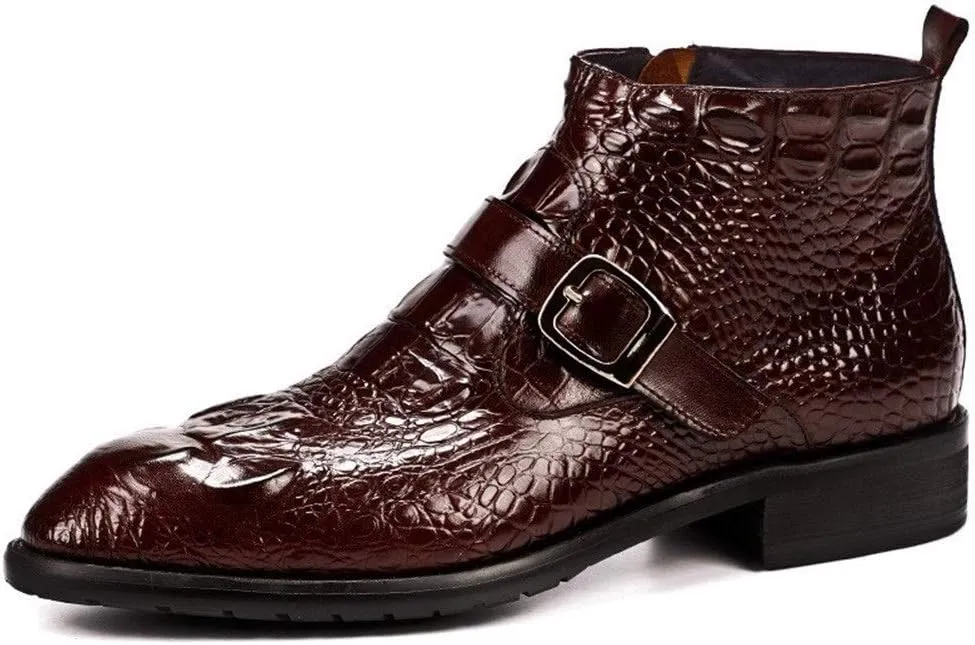 Ankle Boot for Men Work Boot Crocodile Embossed TextureGenuine Leather Pull On Monk Strap Round Toe Block Heel