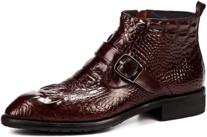 Ankle Boot for Men Work Boot Crocodile Embossed TextureGenuine Leather Pull On Monk Strap Round Toe Block Heel