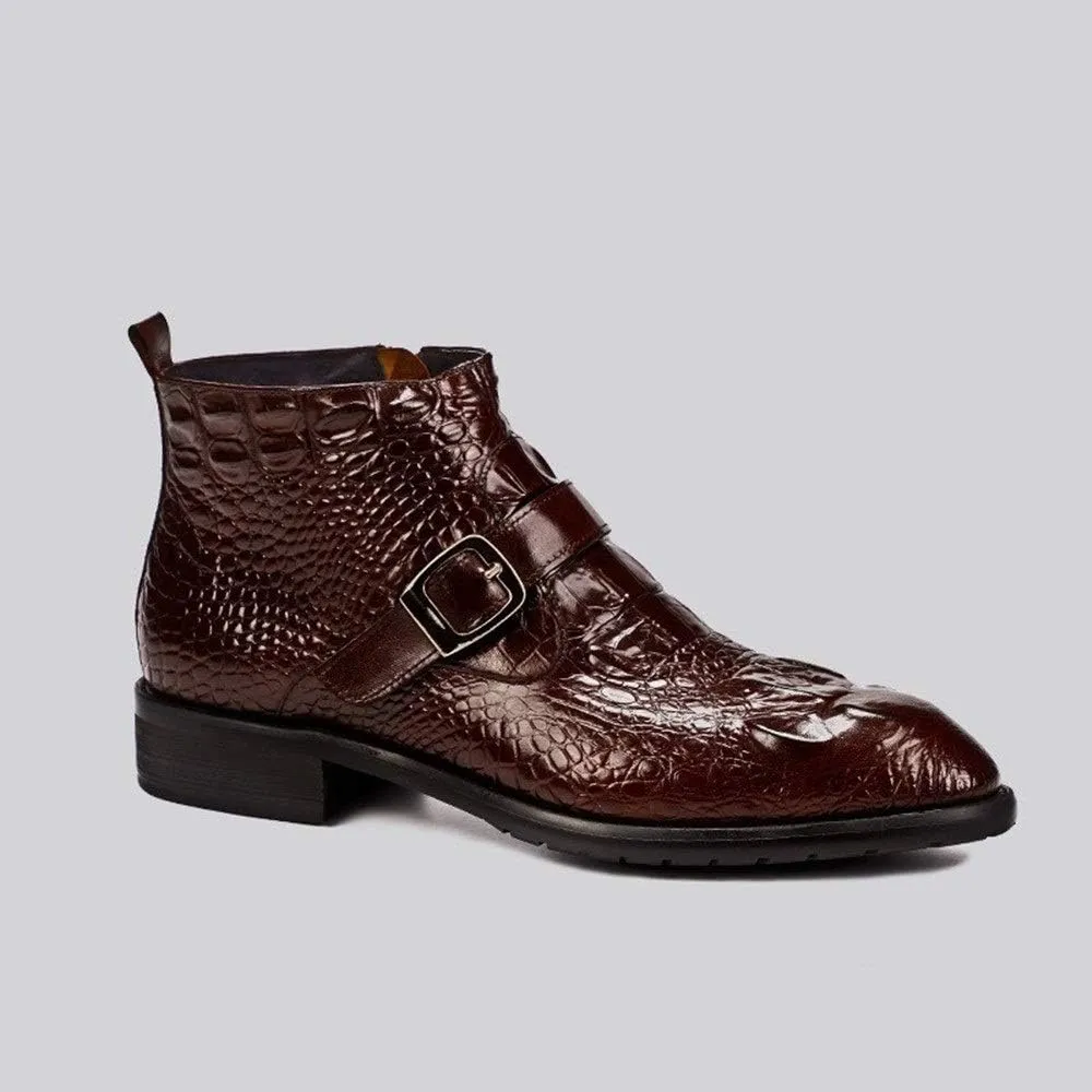 Ankle Boot for Men Work Boot Crocodile Embossed TextureGenuine Leather Pull On Monk Strap Round Toe Block Heel