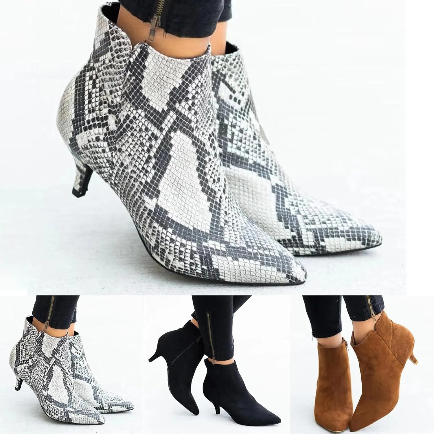 Ankle Boots for Women Low Heel Pointed Toe V Cut Kitten Heels Leather Booties Side Zipper Dress Shoes Office Booties