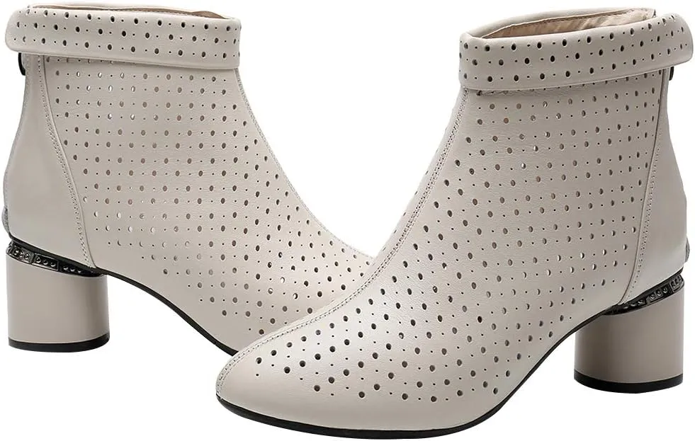 ANUFER Women's Elegant Block Heel Ankle Boots Breathable Mesh Hollowed-out Summer Booties Pumps