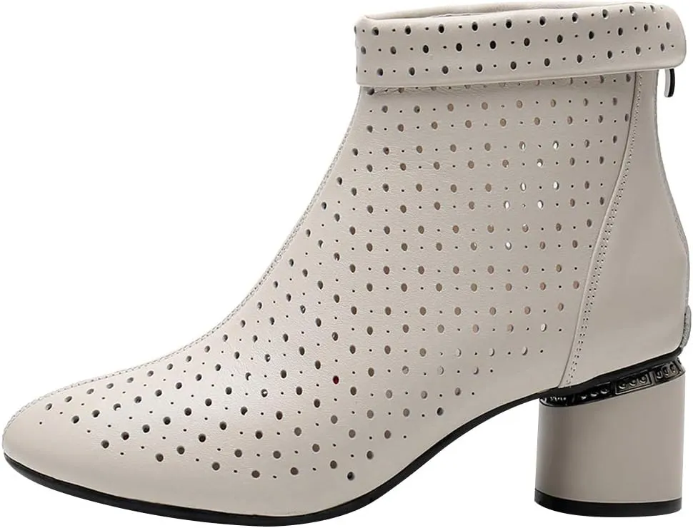 ANUFER Women's Elegant Block Heel Ankle Boots Breathable Mesh Hollowed-out Summer Booties Pumps